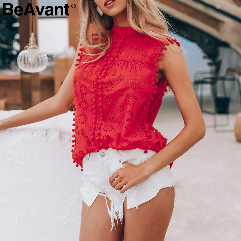 BeAvant, элегантная Хлопковая женская блузка, рубашка, без рукавов, летняя майка, рубашки, женские, вышивка, tasssel, повседневные, красные, женские блузки