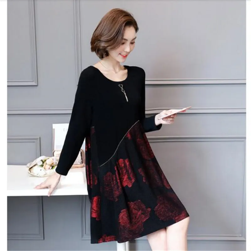 

New Spring Autumn Women Fashion Dress Round collar Long Sleeve Joining printing Loose Dress Female Plus Size 5XL Mini skirts131