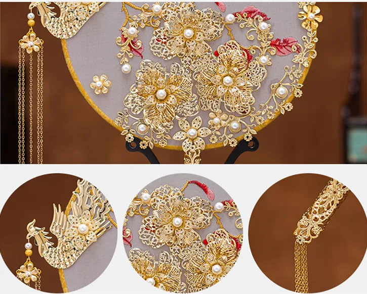 JaneVini Luxury Chinese Bridal Fan Bouquets Pearls Gold Phoenix Handmade Wedding Flowers Metal Round Hand Fan Brides Accessories