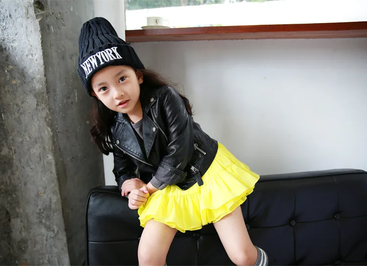 Autumn Children PU Leather Jacket Girls Coat Zip Turn-down Collar Short Faux Leather Outwear Kids Windbreaker Black Jacket