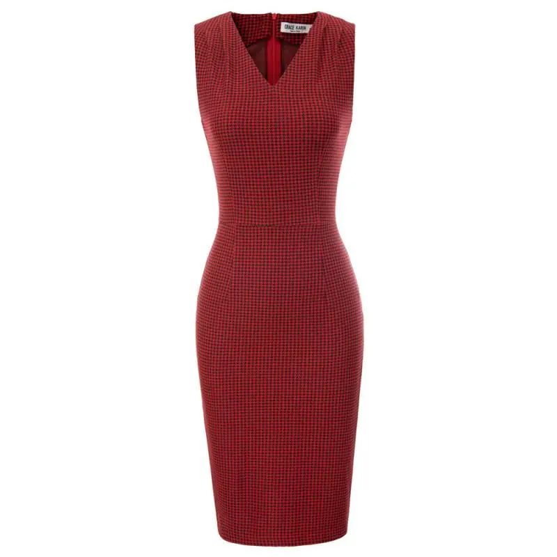 Women Pencil Dress V-Collar Sleeveless Office Wear Knee Length Bodycon Dresses | Женская одежда