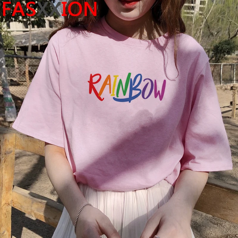 Новые милые радужные полосатые корейские футболки модные с коротким рукавом