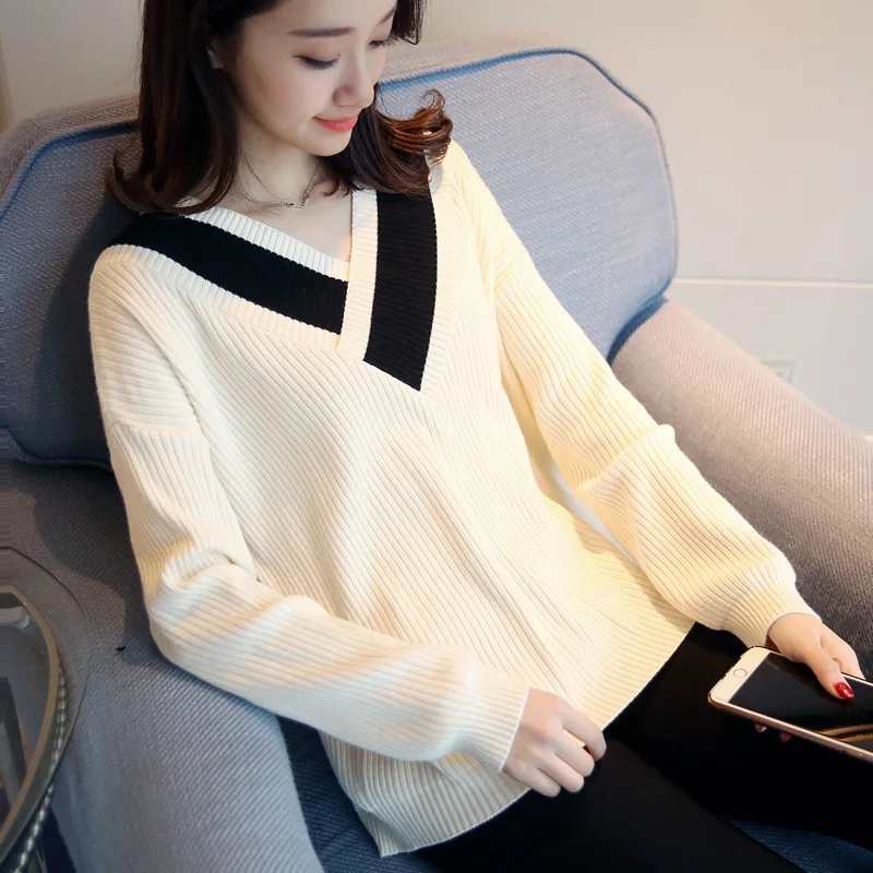 Feierhaosi Elegant Loose Fashion Women Sweaters Full Sleeve V-Neck Knitted Bodycon Casual Vestidos Basic Sweater | Женская одежда