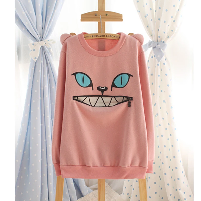 Милые животные уха Толстовка Для женщин мода молния Улыбка Рот 3D кошка женский