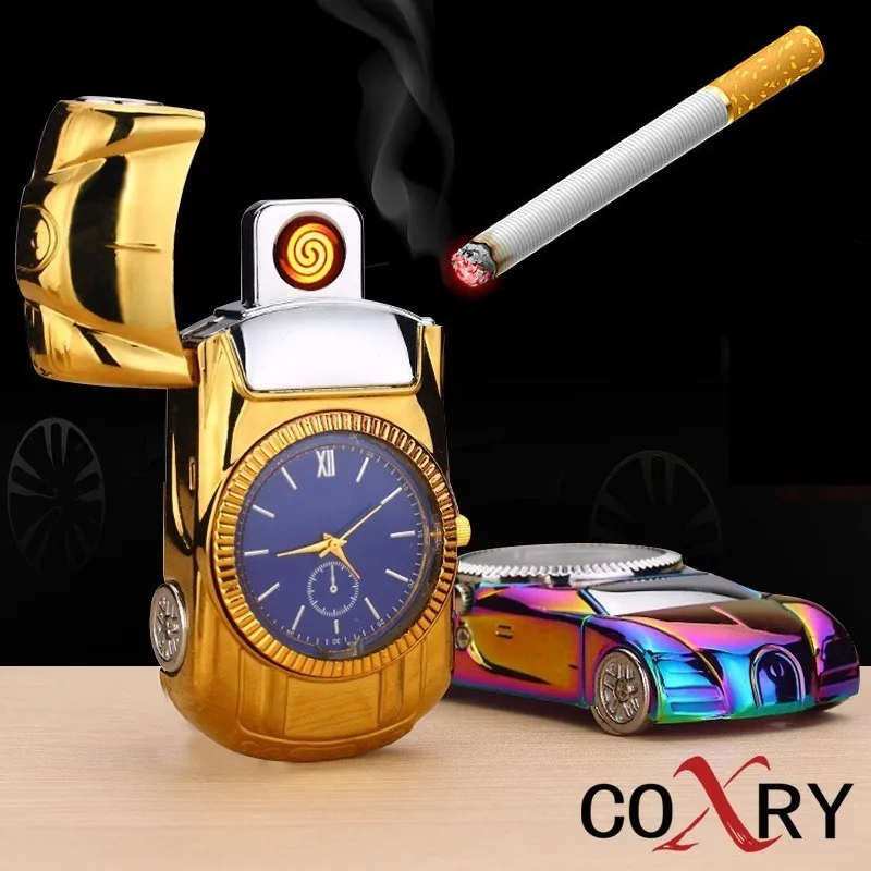 COXRY USB зарядка беспламенная Зажигалка Золотая Модель автомобиля мужские часы 2021