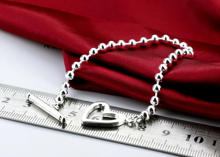 New Female 925 sterling silver bracelet cute heart pendant contracted design process round beads girls jewelry gift | Украшения и