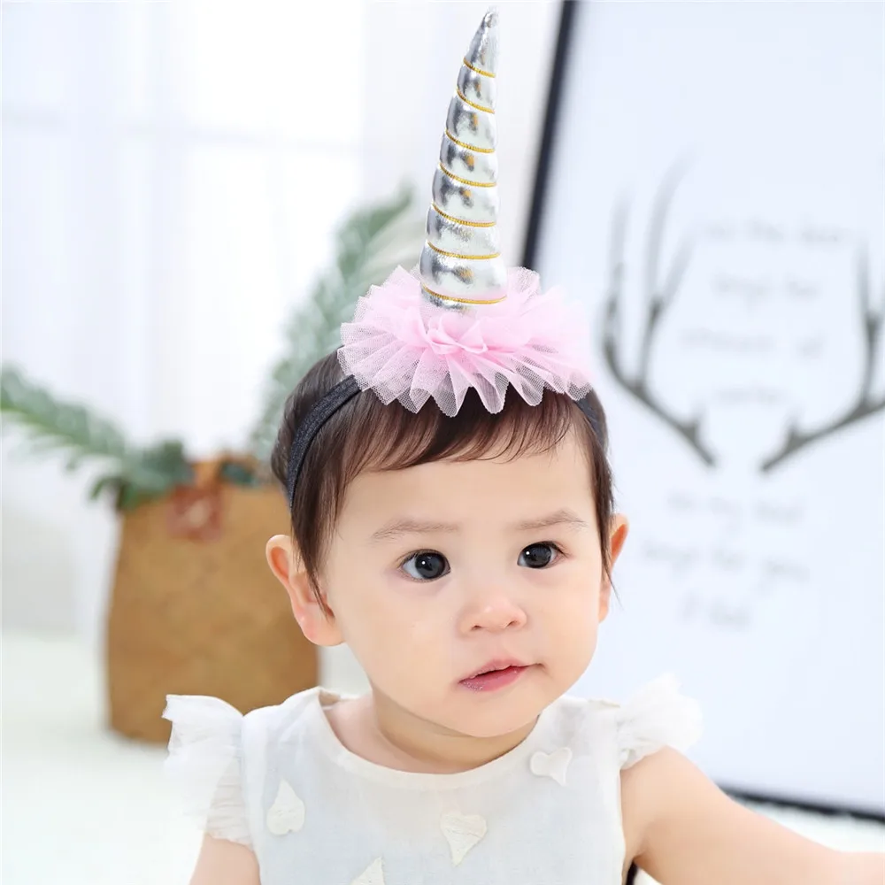 

10pcs /lot Rainbow Unicorn Horn with flower Headband Kids Birthday Gift Unicorn Party Hair accessories