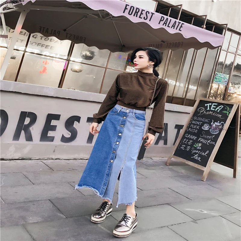 HziriP Women Denim Skirt 2018 Autumn Winter Ladies Casual Button Contrast Color Irregular High Waist Mini Clothing | Женская одежда