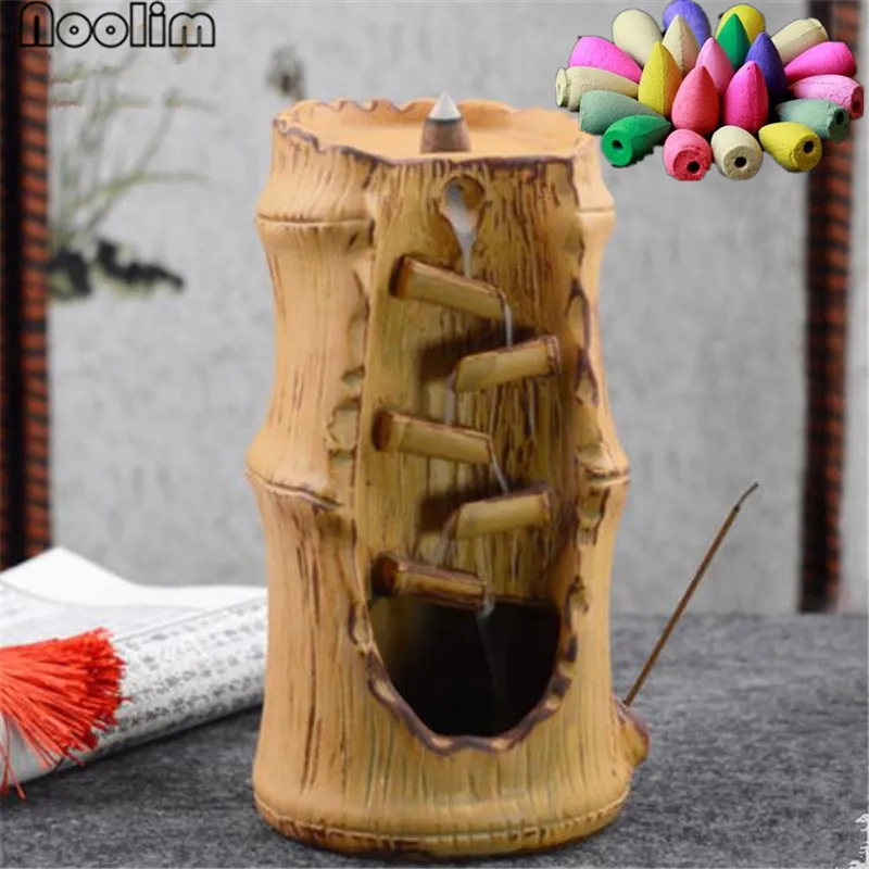 Brown-20pcs Mixed Бамбуковый дизайн керамический обратный поток курильница дым водопад держатель для благовоний домашний офис Декор курильница+ 20 шт Бесплатные конусы - Цвет: Brown-20pcs Mixed