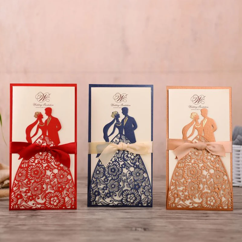 50pcs Laser Cut Wedding Invitations Card Bride And Groom Print Greeting Cards With Ribbon Decoration Party Supplies | Дом и сад