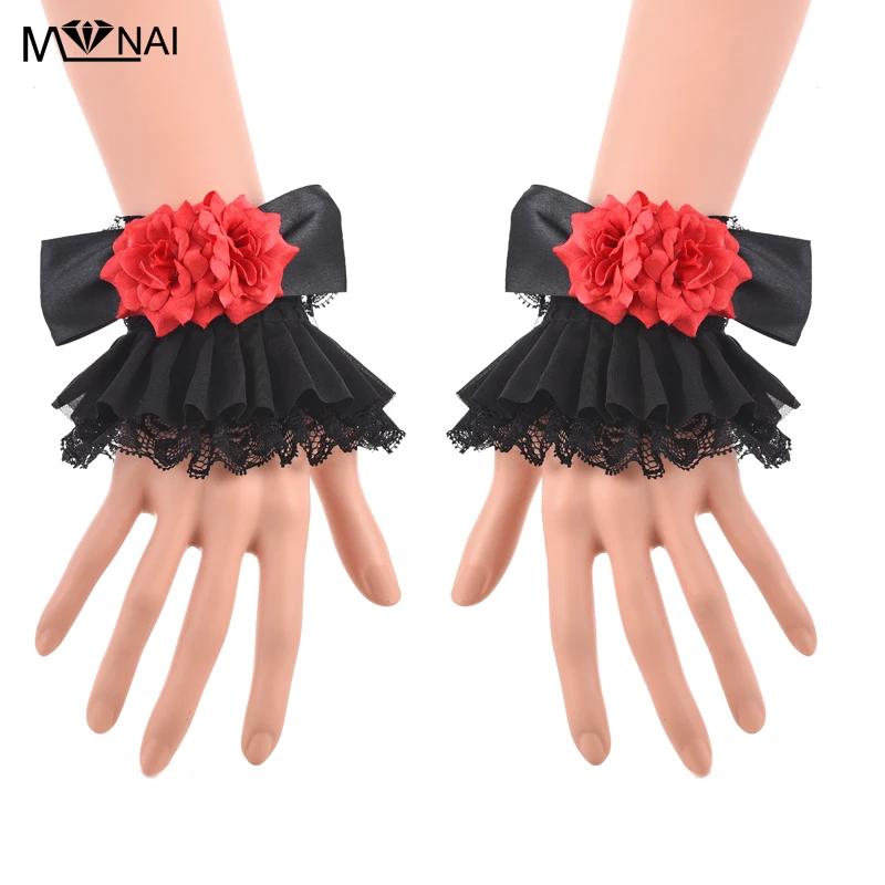 

Fashionable Rose Black Bows Decorate Fake Sleeve Lace Lolita Cuffs Victorian Style Wrist Cuff Goth