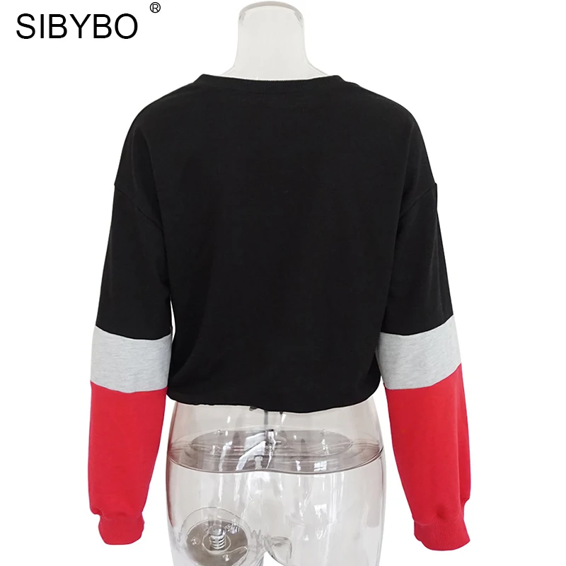 Sibybo, Цветные Лоскутные Хлопковые женские толстовки, свитшоты, Осенний пуловер с длинным рукавом на шнурке, укороченный топ, Повседневная Женская толстовка