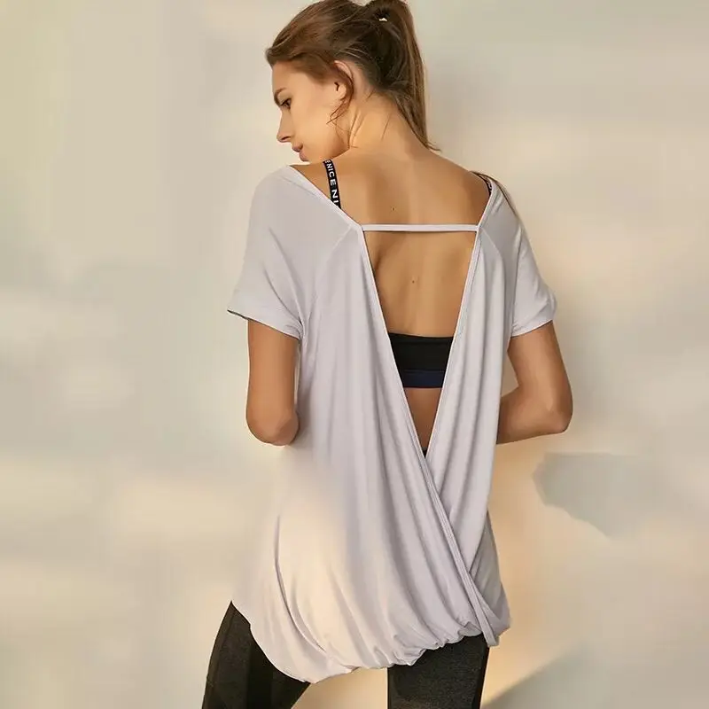 

Women black long Style Sports Yoga Shirts Quick Jogging Tee Fitness Short Sleeves T-shirt Yoga Top Tee