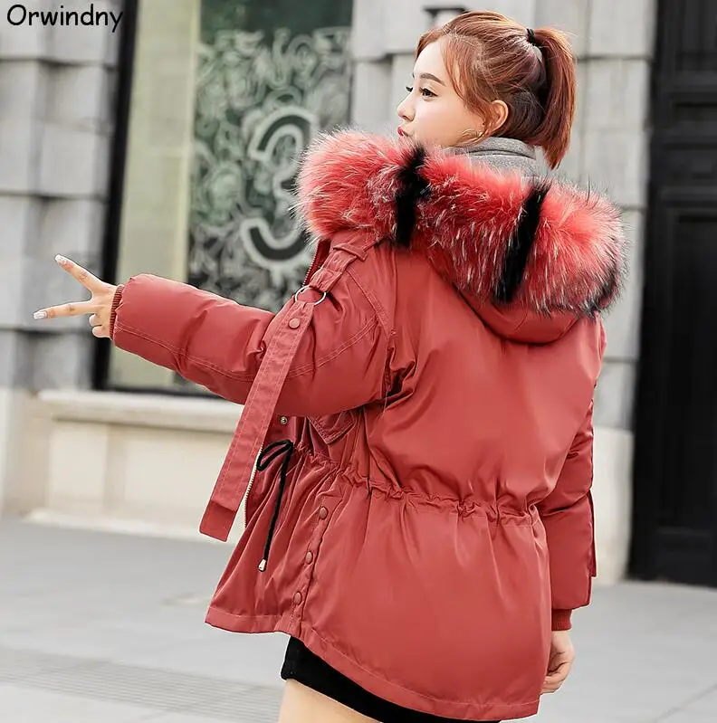 Rust red Orwindny Winter Coat Women Large Fur Collar Winter Parkas Female Slim Fashion Short Cotton Padded Jacket Hooded Wadded Coat - Цвет: Rust red