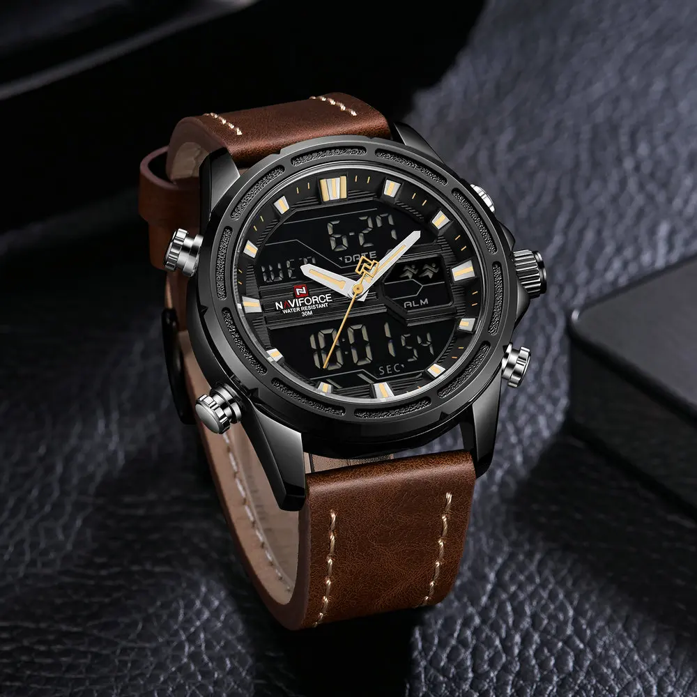 NAVIFORCE Military Mens Watches Top Brand Luxury Dual Time Quartz Sports Watch Leather Strap Waterproof LED Digital Male Clock | Наручные