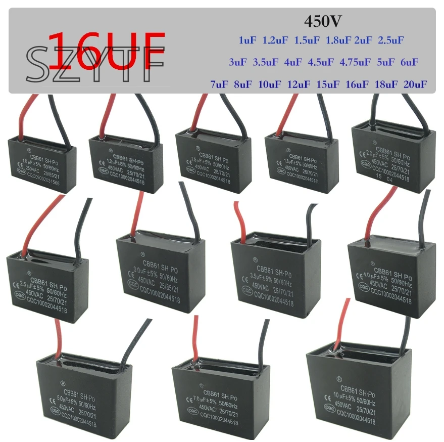 

CBB61 fan start capacitor 1uf/1.2uf/1.5uf/1.8uf/2.5uf/3uf/3.5uf/4.5uf/6uf/7uf/8uf/10UF/12uf/15uf/16uf/18uf/20uf 450V 16UFX2PCS
