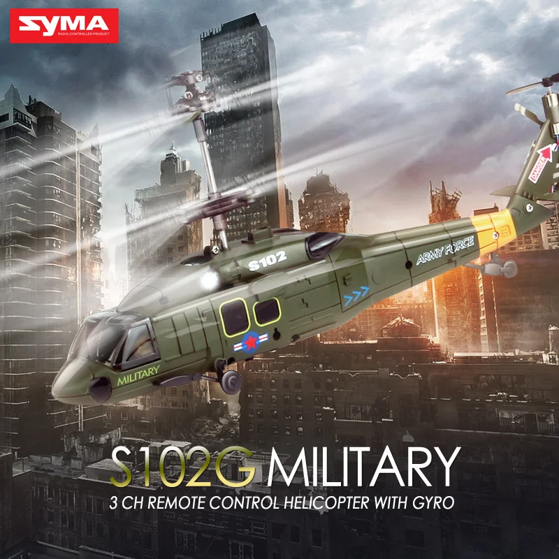 New Arrival Syma S102G Military 3CH Gyro LED Indoor RC Attack Helicopter Shatterproof Radio Remote Control Kids Toys Green |