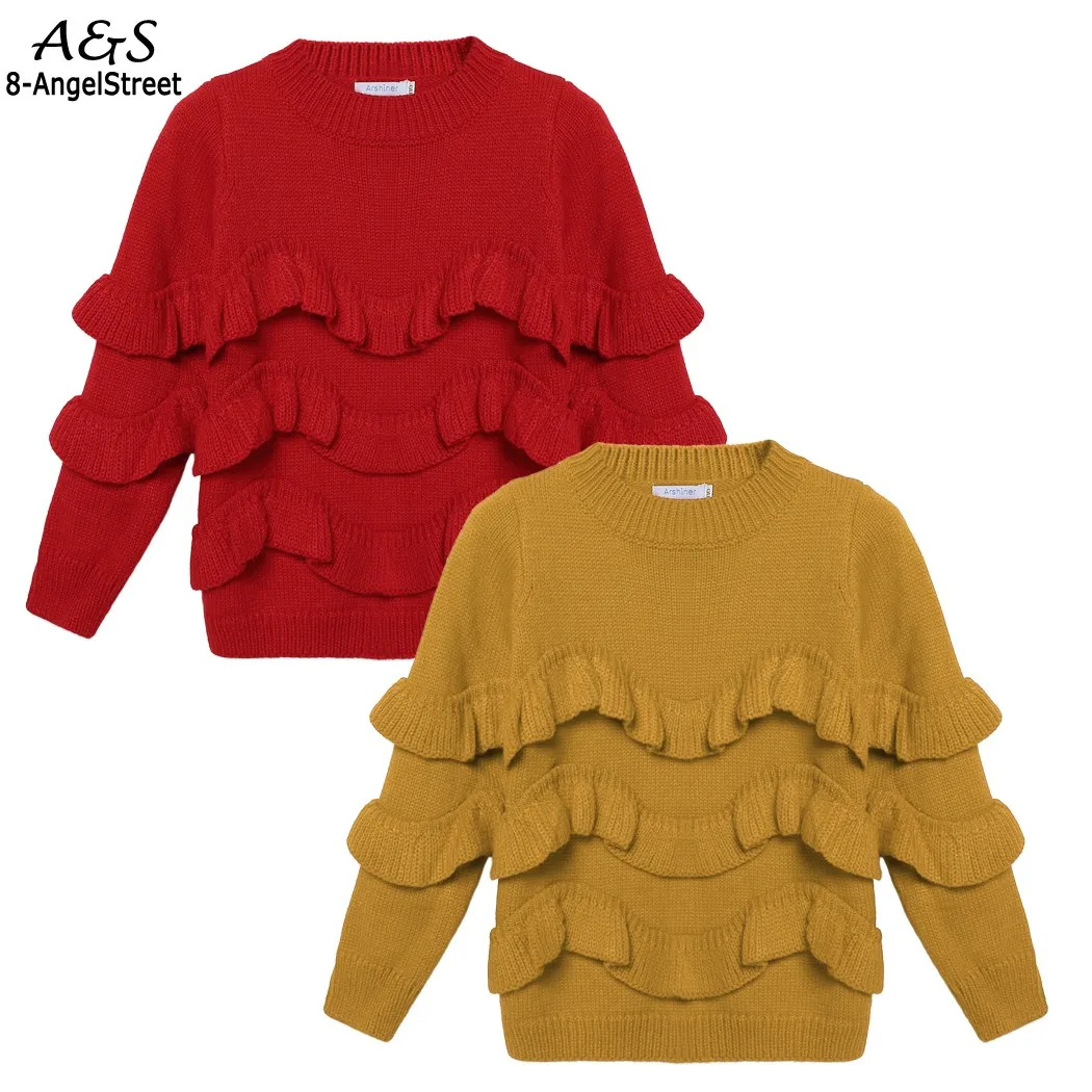 Arshiner/милый вязаный пуловер с оборками для девочек повседневный Однотонный