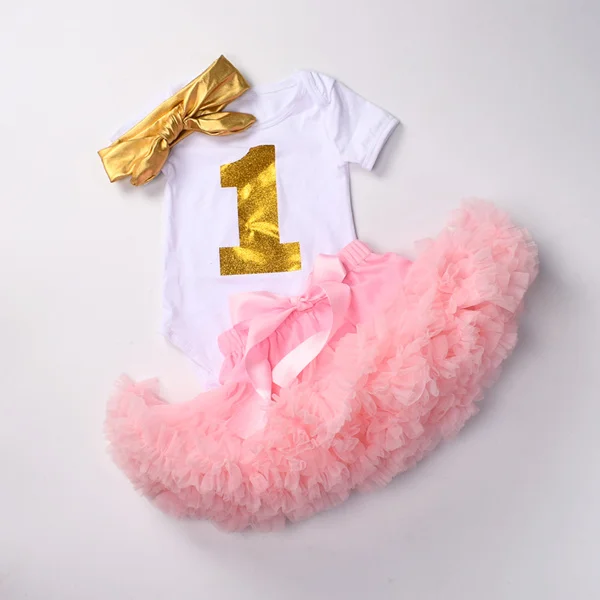 pink 2 Комплект одежды для маленьких девочек на первый день рождения, 3 предмета, одежда на первый день рождения, боди, топ, юбка-пачка, комплекты с повязкой на голову - Цвет: pink 2