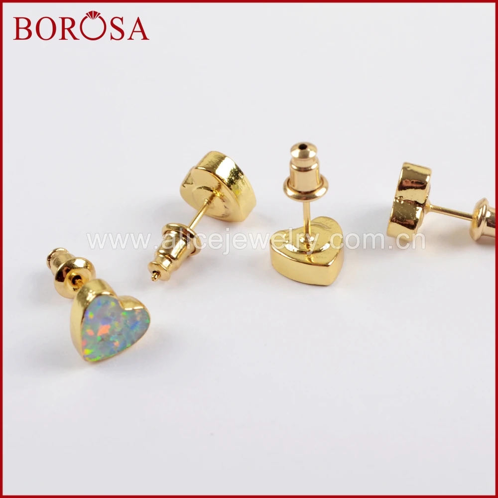 Женские серьги гвоздики BOROSA 5 пар золотые белые опаловые с сердцем искусственные