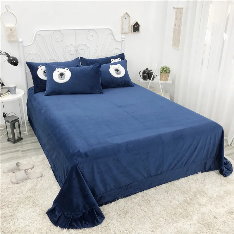 

Blue Cartoon Bear Applique Embroidery Winter Flannel Child Bedding set Fleece Fabric Duvet Cover Bed sheet/Linen Pillowcases