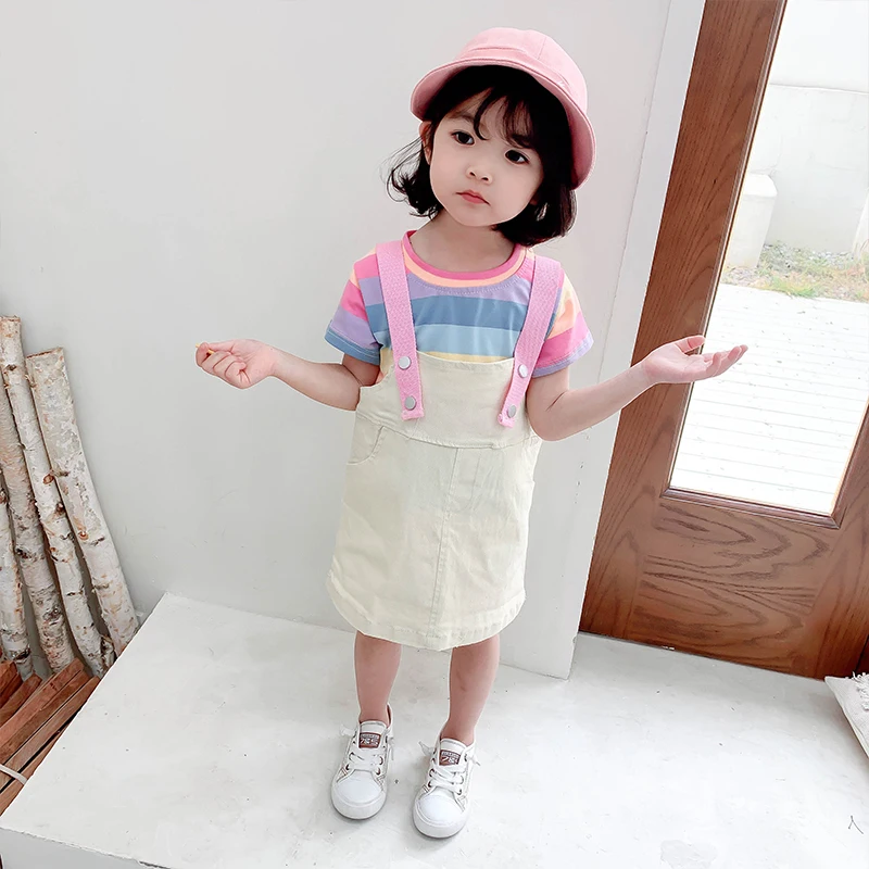Cute Rainbow Strap Dress For Little Girls Summer Casual Wear Set Birthday Party Kids Halloween Costumes Baby 2-6 Years | Детская одежда