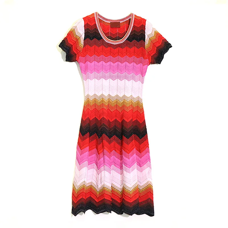 Красный Micosoni Italian Style Summer New Gorgeous Color Stripes Golden Thread Insert Knit Short Sleeve Red Pink Sweater Dresses - Цвет: Красный
