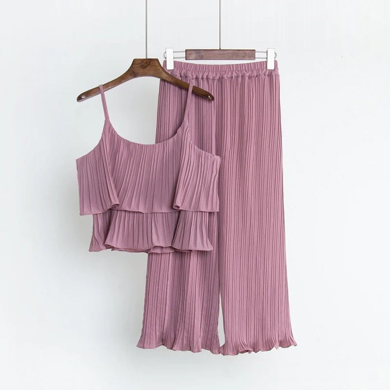 Летние модные женские комплекты 2019 Новый однотонный плиссированный комплект из 2