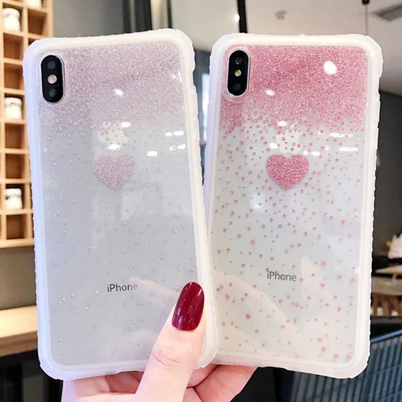 Блестящий Прозрачный чехол для телефона с милым сердечком для iPhone X XS XR XS Max 6 6S 7 8 Plus для iPhone 11 11 Pro Max XR