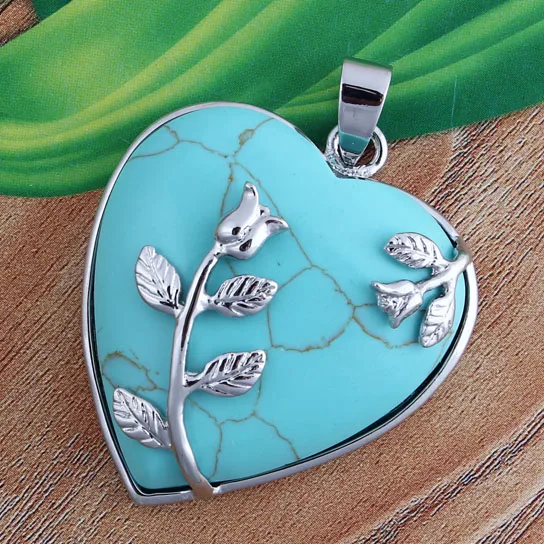 Green Turquoises Покрытый серебром натуральный розовый кварц зеленый авантюрин Вечная любовь сердце кулон ювелирные изделия подарок на день Святого Валентина - Окраска металла: Green Turquoises
