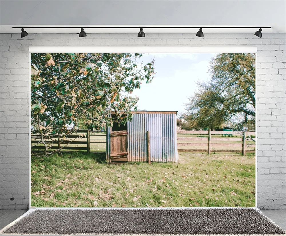 Laeacco Simple Wooden House Fence Grassland Scenic Photographic Backgrounds Customized Photography Backdrops For Photo Studio |
