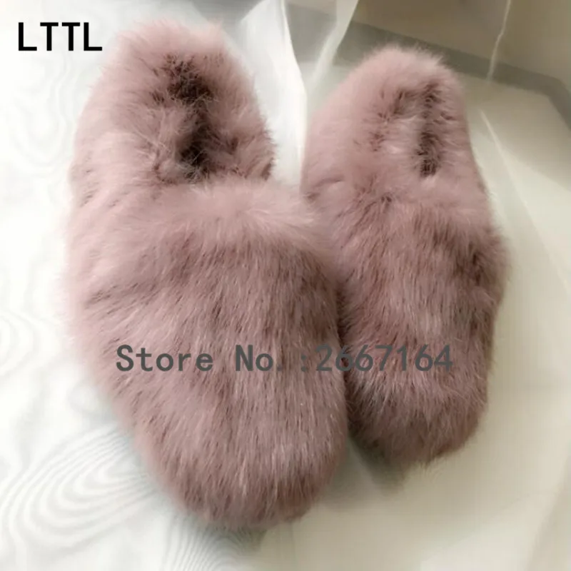 Настоящее Мех Кролика Зимние Сапоги Скольжения На Моды Снегоступы толстые