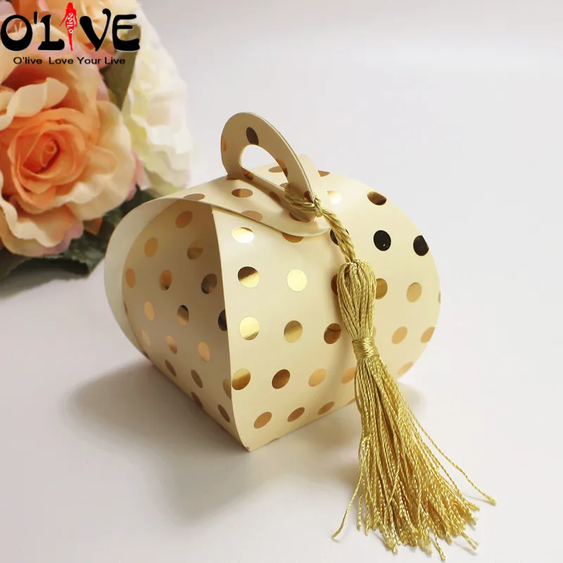 Gold With Tassel 50 шт., подарочная коробка в горошек, маленький мешок для печенья, конфет, упаковки для свадебной вечеринки, подарочные бумажные коробки, картонные бонбоньерки, сумки для сладостей - Цвет: Gold With Tassel