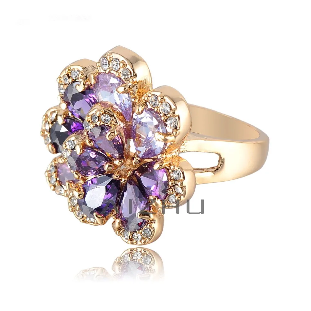 Free Shipping Charms Flower Shape Purple Zircon Women Rings Jewelry 18K Gold Plated Crystal Wedding Ring Size 5.5-10 | Украшения и