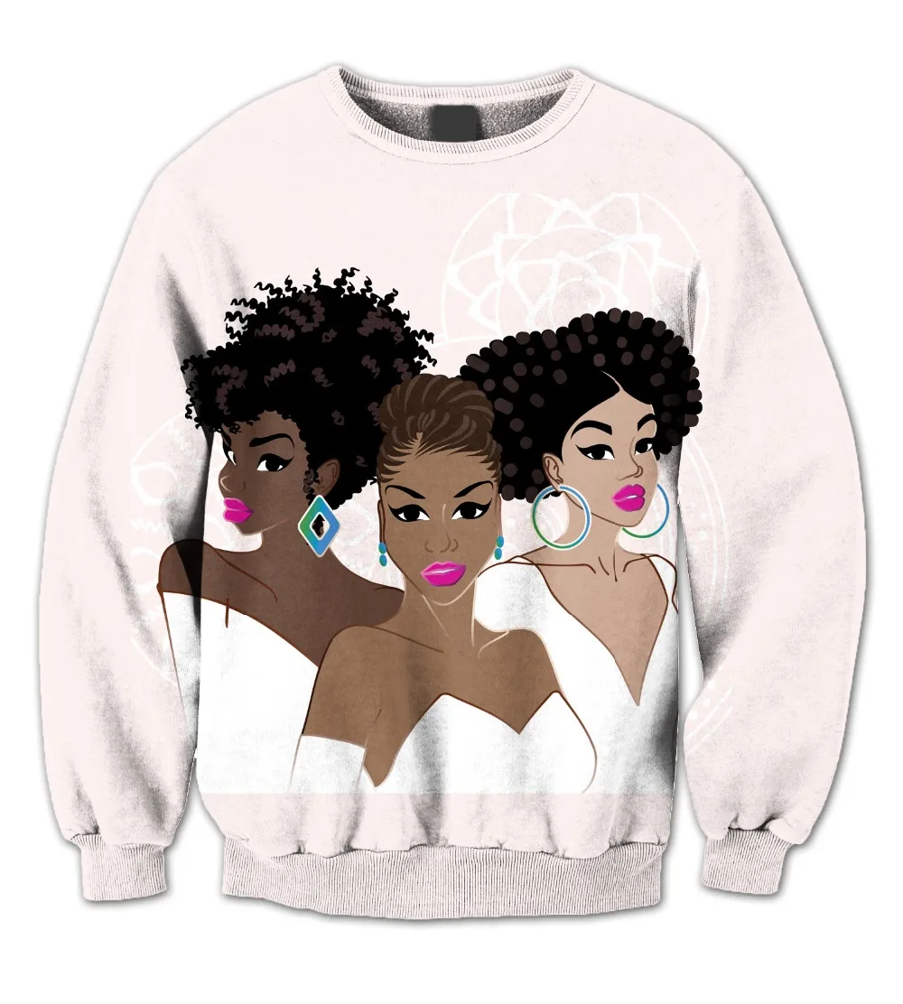 

REAL American US SIZE Melanin Natural Hair Beauty 3D Sublimation print high quality Crewneck Sweatshirts plus size 4XL 5XL 6XL