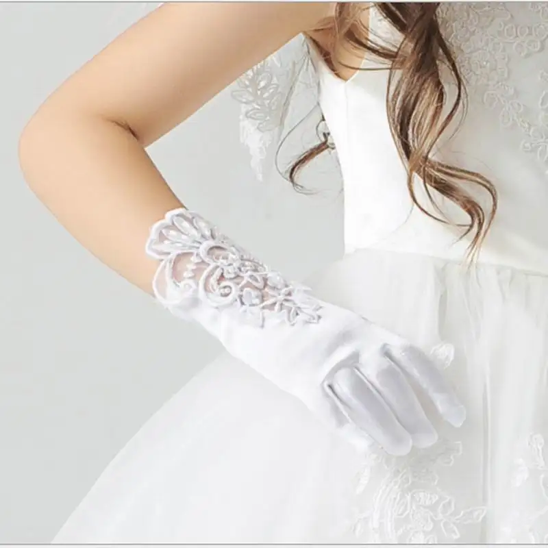 Модные детские кружевные атласные Короткие перчатки с длинными пальцами детское