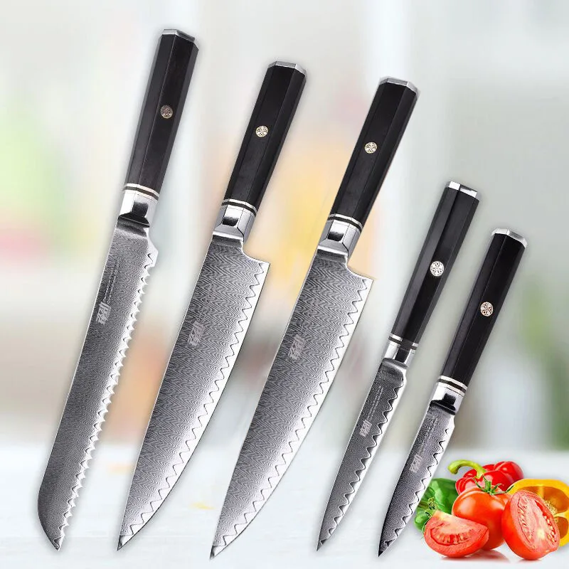 5 pcs-2 chefs FINDKING профессиональный набор из 6 предметов с восьмиугольной ручкой и рисунком лестницы, 67 слоев дамасской стали, черного дерева, набор кухонных ножей для шеф-повара - Цвет: 5 pcs-2 chefs