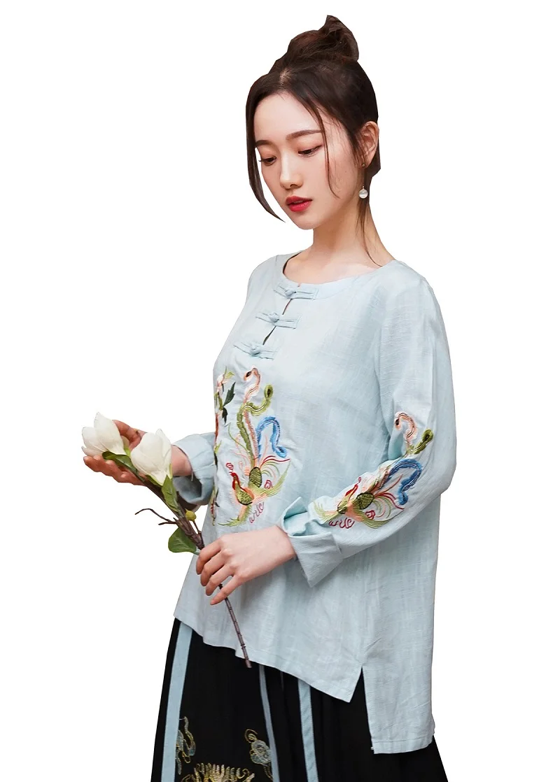 Шанхай история вышивка китайские блузки смесь льна хлопок Cheongsam рубашка Ципао национальная модная одежда 4 цвета - Цвет: Light Blue