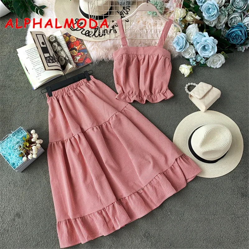 ALPHALMODA/ летний укороченный топ+ юбка трапециевидной формы, женский милый комплект из 2 предметов, куртка и юбка в клетку с высокой талией