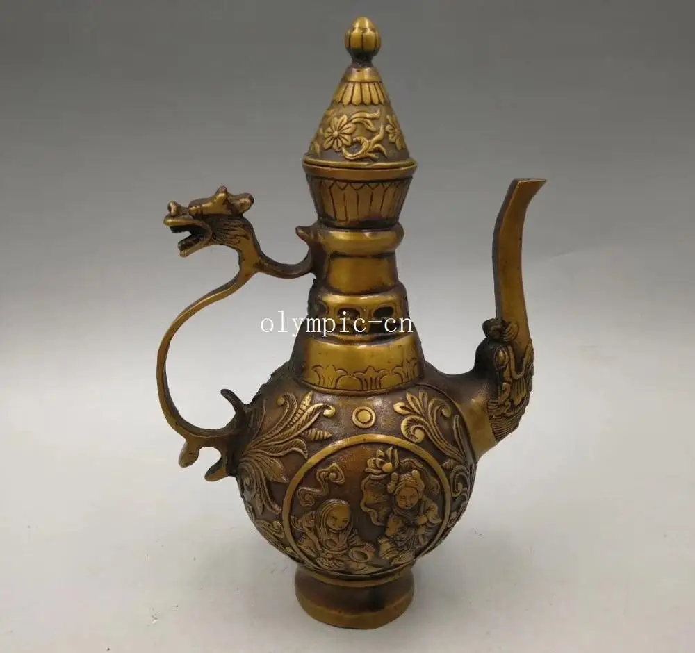 

8'' bronze copper carvings boy and girl design dragon handle pot teapot statue