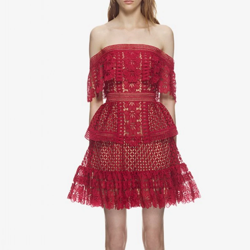 

Woman Pink Red Lace Dress Sexy Off Shoulder Short Self Portrait Dresses Sale