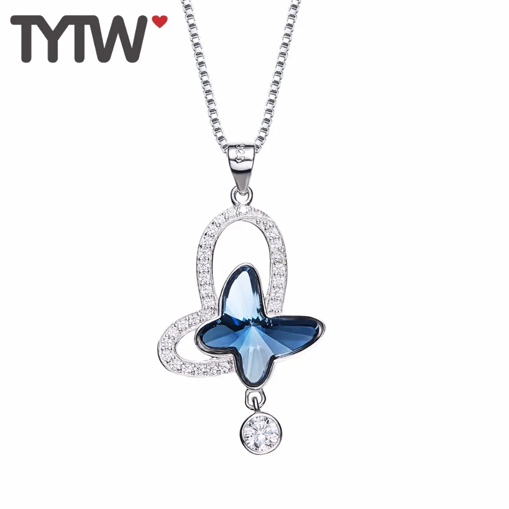 Женское Ожерелье подвеска из серебра 925 пробы с голубой бабочкой|pendant jewelry|crystal