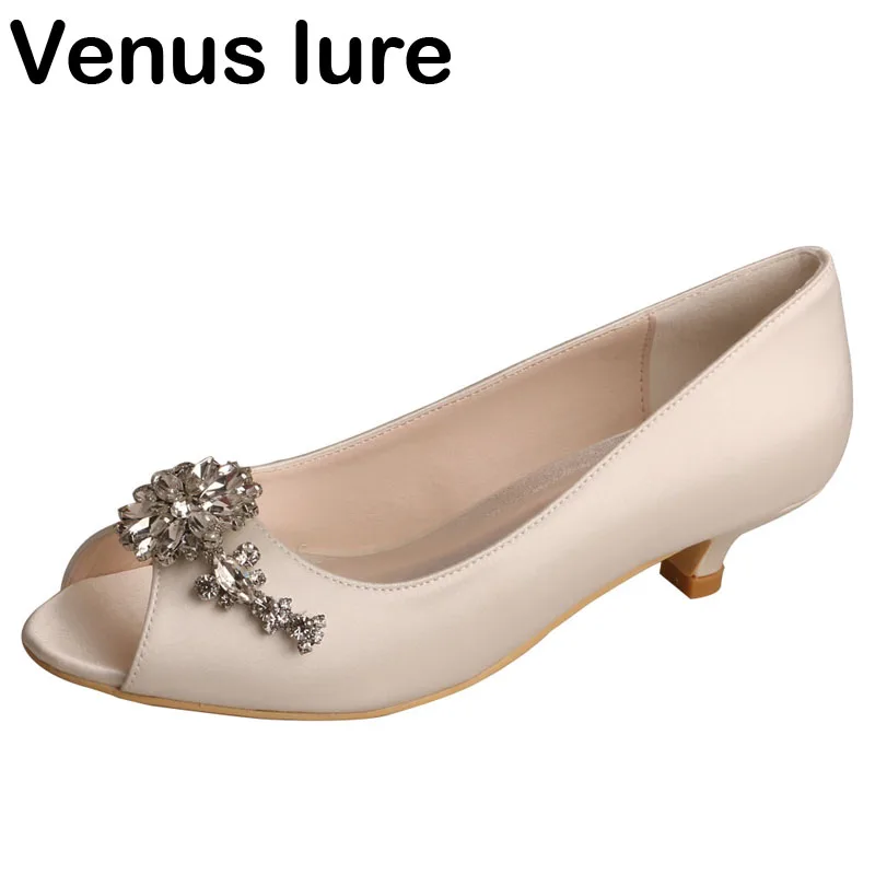 

Discount Satin Open Toe Crystal Ladies Wedding Shoes for Bride Low Heel