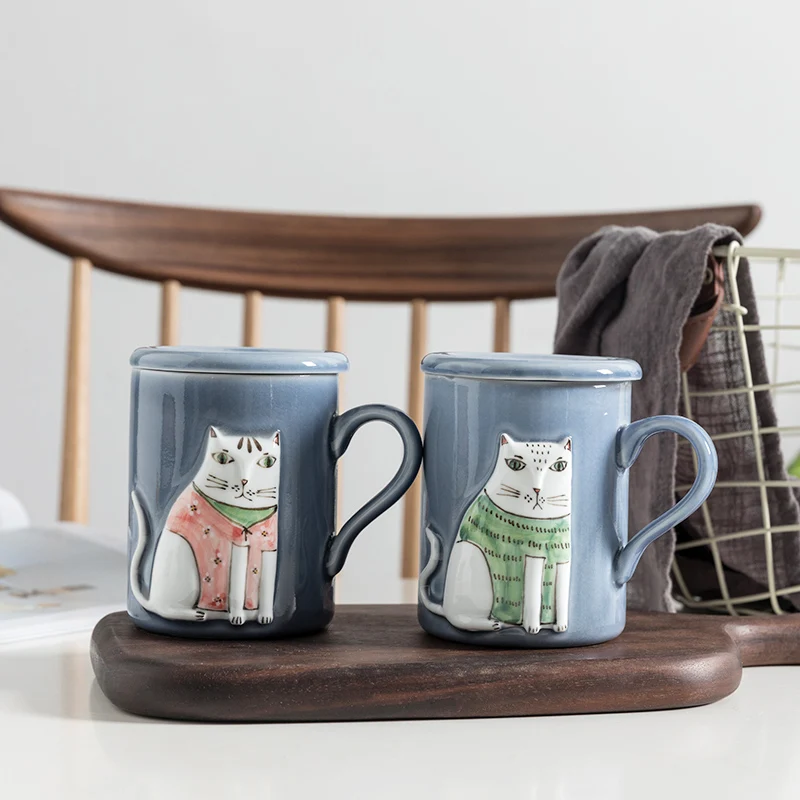 Fun cute cartoon animal ceramic mug Handmade-relief coffee cup | Дом и сад
