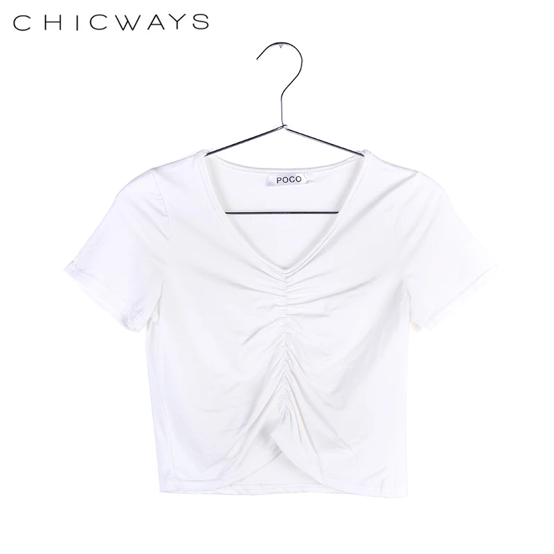 Chicways Женская мода футболка Sexy v-образным вырезом Ruched летняя с коротким рукавом