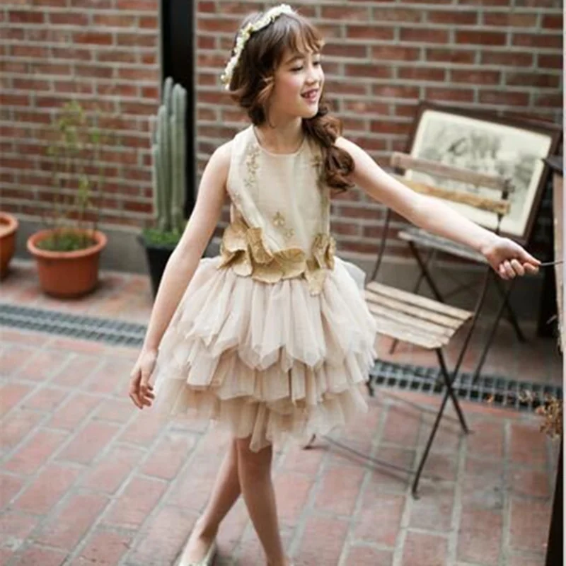 Floral Girls Flower Dresses Champagne Gold Beaded Tutu Tiered Dress Princess Baby Special Designer Irregular Party Forma | Детская