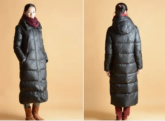 Женский Длинный Зимний пуховик с капюшоном зимнее теплое пуховое пальто 90%