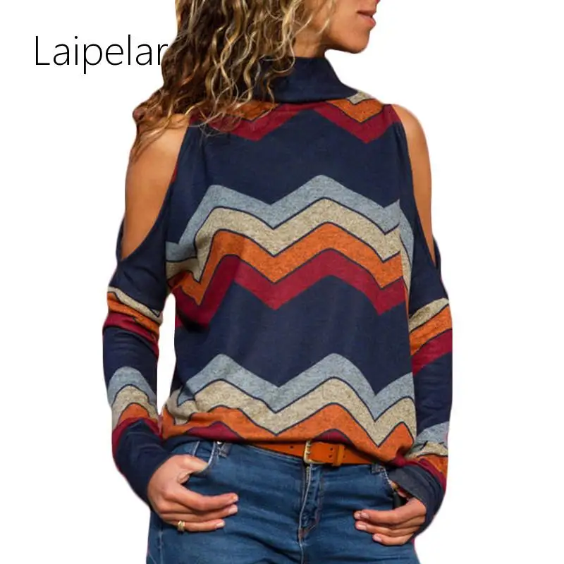 

Laipelar Women Blouses Sexy Cold Shoulder Tops Casual Turtleneck Knitted Top Jumper Pullover Print Long Sleeve Shirt Blusas Cami