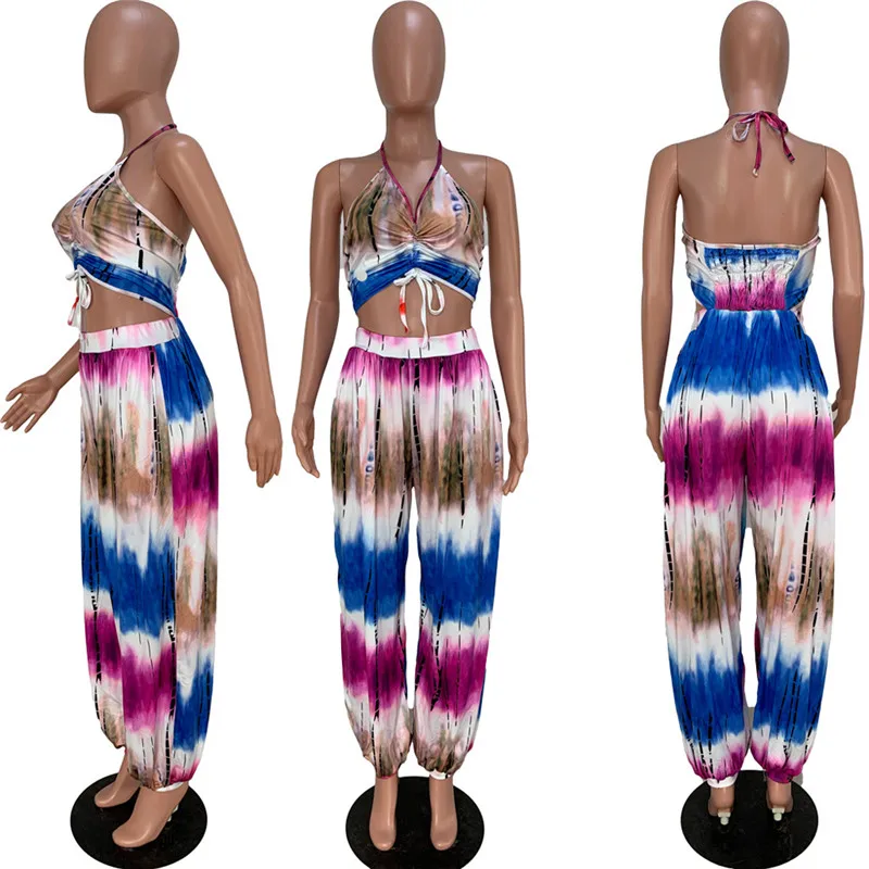 

Summer Rompers Fashion Pirnt Sleeveless women jumpsuit outfit clothes V Neck bandage High waist Club holiday elastic overall set