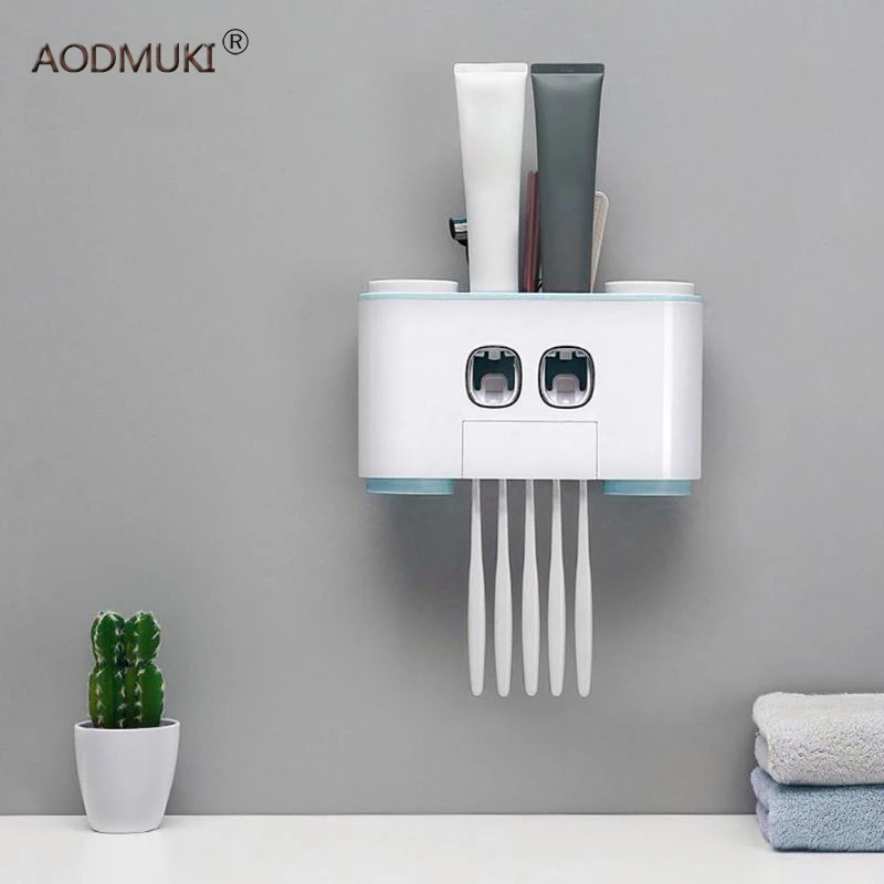 AODMUKI настенный держатель зубной щетки Авто выдавливатель зубной пасты Зубная щетка с дозатором чашка для зубной пасты хранения аксессуары для ванной комнаты